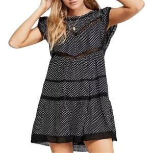 Free People Women’s Size XS Black White Crochet Insert Trim Retro Kitty Dress
